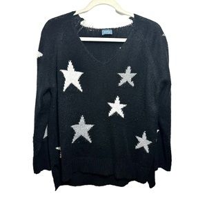 Neely Womens Sz S Star Sweater White Black Open Knit Oversized Stretchy V Neck